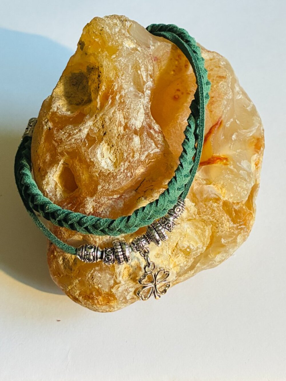 Handmade Green Suede Bracelet with Silver Clover Charm
